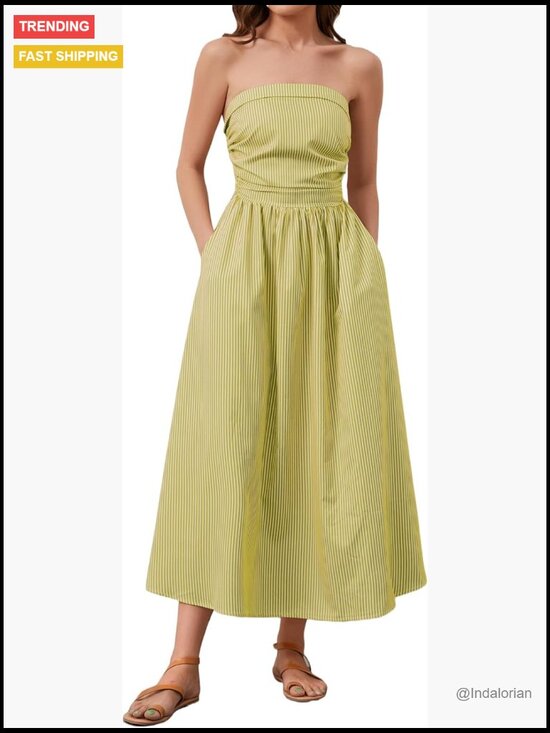 Dresses & Skirts - Striped Strapless Maxi Dress with Pockets Sleeveless Flowy